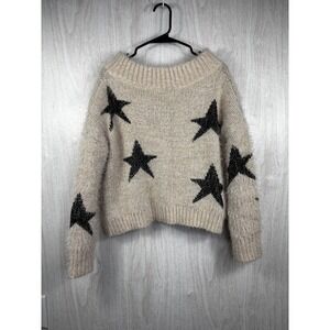 Aakaa Womens M Chunky Knit Crop Sweater Ivory Tan Star‎ Design Oversized